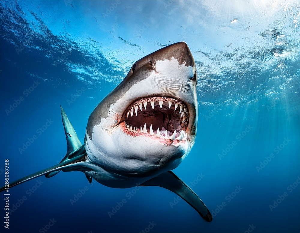 Obraz premium Portrait of a shark attacking with its mouth open underwater