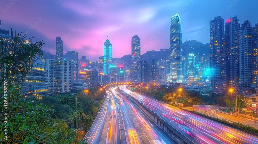 Fototapeta premium Hong Kong Cityscape Night Highway Lights Traffic