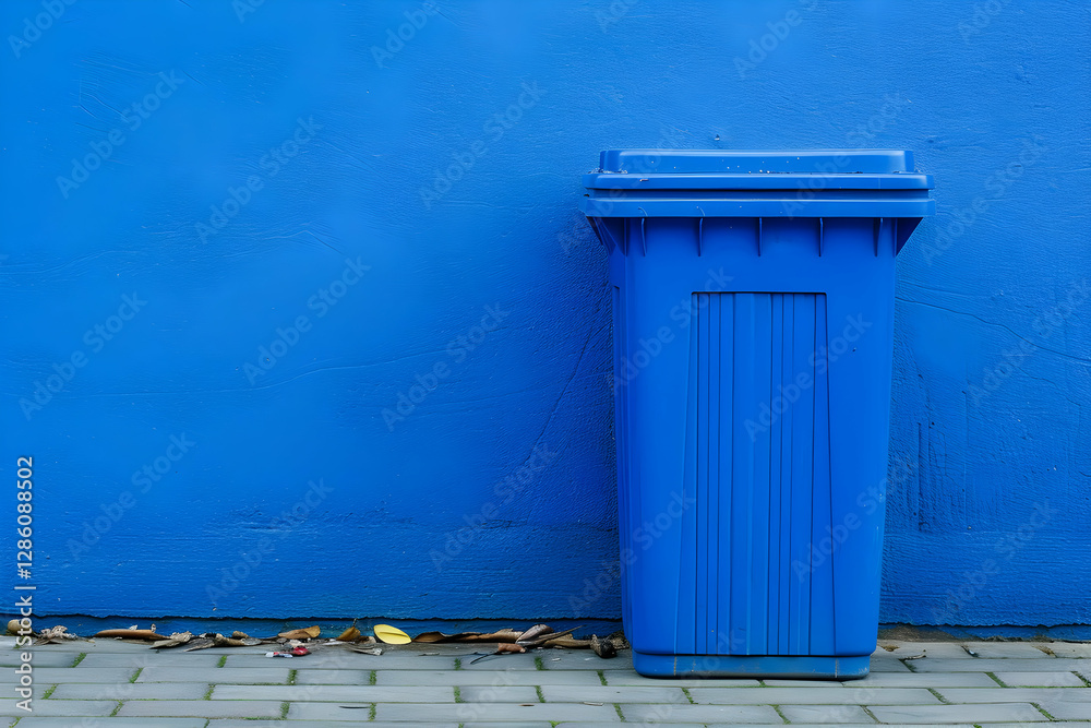 Naklejka premium Bright blue trash bin against a vibrant blue wall with fallen leaves on the pavement nearby