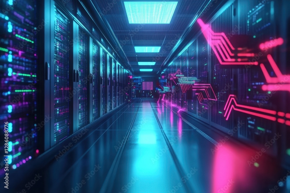 Fototapeta premium Exploring the illuminated corridors of a futuristic data center with vibrant neon accents at the heart of technology innovation. Generative AI