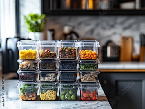 Prepared meal containers, stacked, kitchen, colorful ingredients