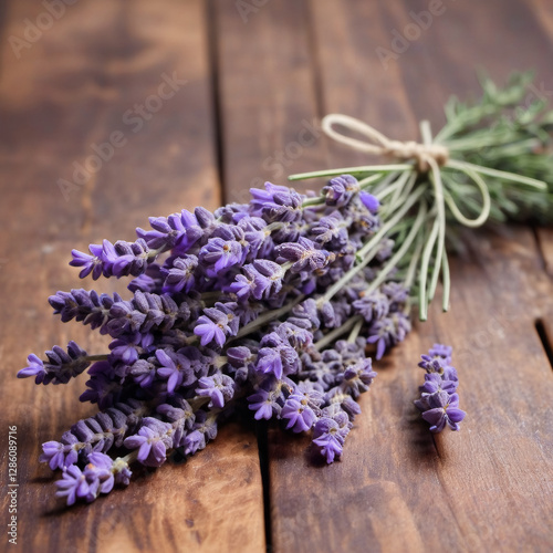 Bouquet of fresh lavender on a wooden table. Design element for card or packaging