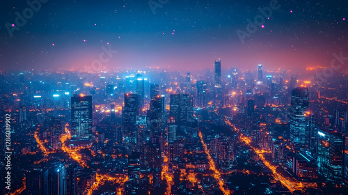 Wallpaper Mural Nighttime Cityscape: An ethereal cityscape illuminated with vibrant lights stretches towards the horizon under a starlit sky. Torontodigital.ca