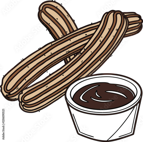 Churros with chocolate dip icon in vector design, featuring delicious churros served with chocolate sauce, perfect for dessert-themed illustrations