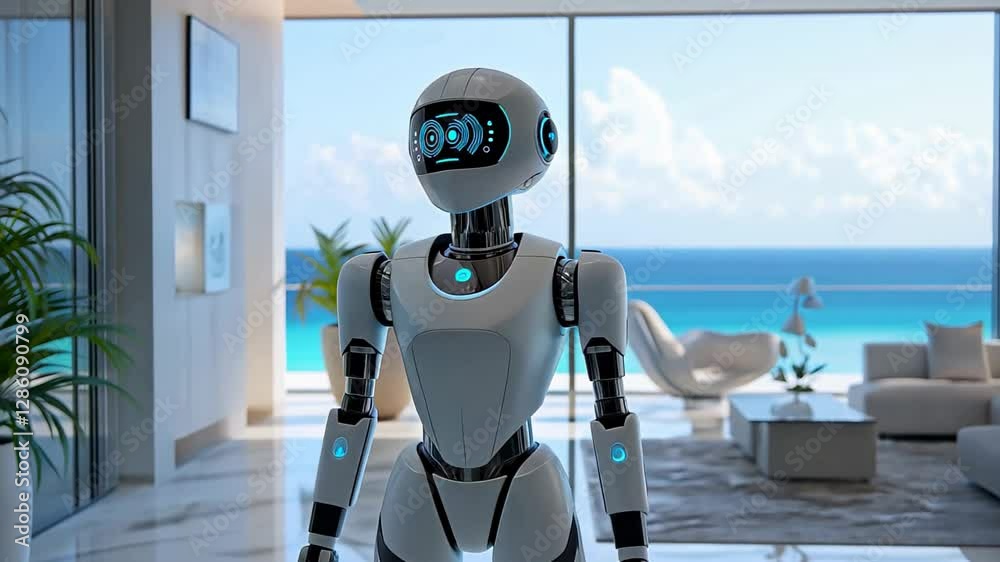 Advanced humanoid robot in a high-tech living space. AI assistant, smart home technology, futuristic robotics, home automation, smart living, artificial intelligence, digital innovation.