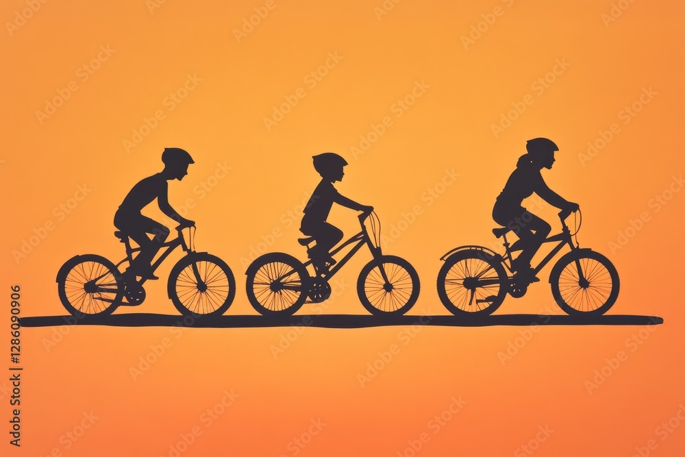 Obraz premium Family biking silhouette on orange background with silhouettes