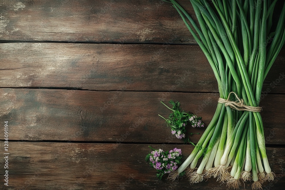 Bunch of fresh green onions on wooden table Bunch of fresh green onions on wooden table