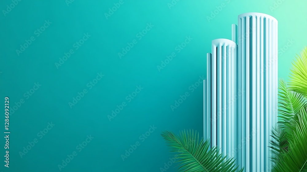 Obraz premium Modern Architectural Elements in Tropical Setting with Lush Greenery Against a Soft Teal Background
