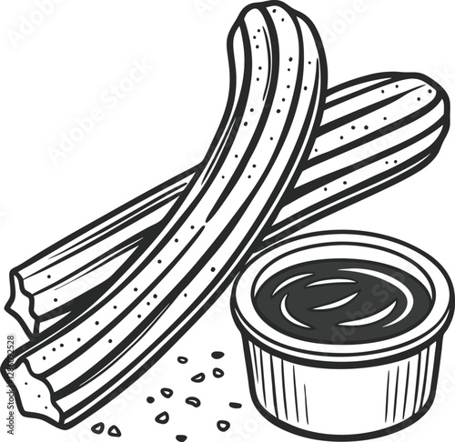 Churros with chocolate dip icon in vector design, featuring delicious churros served with chocolate sauce, perfect for dessert-themed illustrations