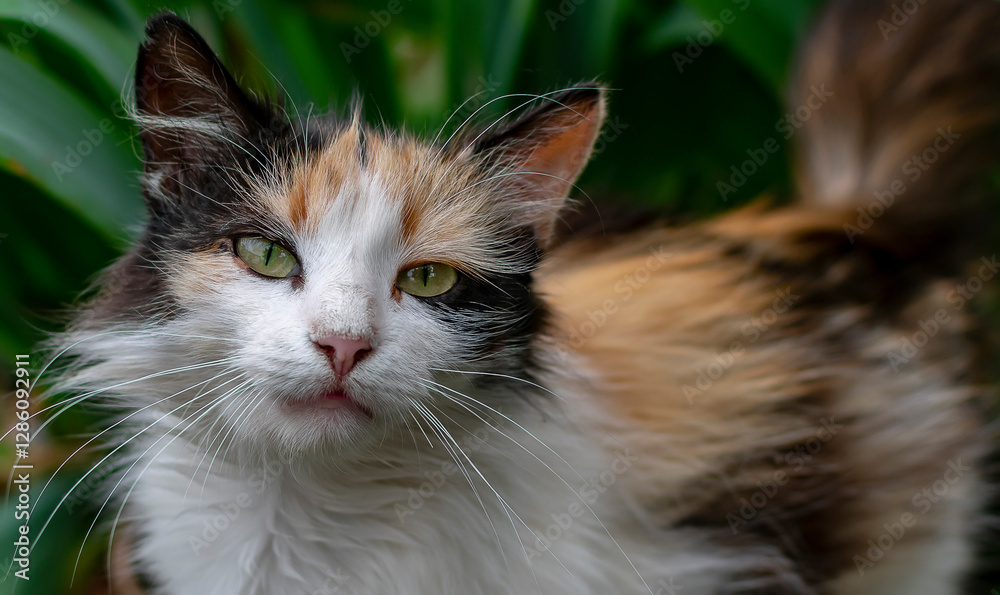 Beautiful domestic cat among green foliage. Beautiful domestic cat among green foliage.