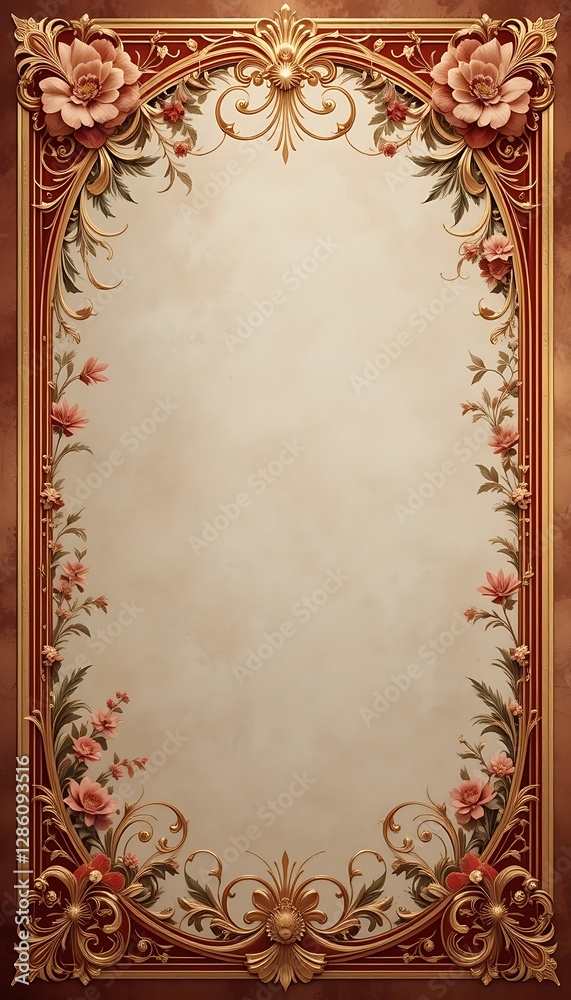 Obraz premium Elegant Floral Frame with Golden Accents and Beige Background Texture