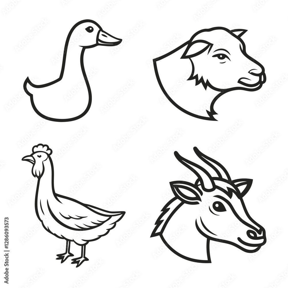 Obraz premium Rural Farm Animal Line Art Icons