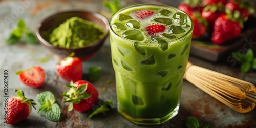 Iced matcha latte. Iced strawberry matcha latte with sprinkle of matcha powder. Pink matcha latte, pink matcha. Pink matcha ice latte. Vegan matcha, matcha green tea.