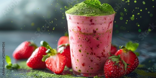 Iced strawberry matcha latte with sprinkle of matcha powder. Vegan matcha, matcha green tea. Pink matcha latte, pink matcha, Iced matcha latte, Pink matcha ice latte. 