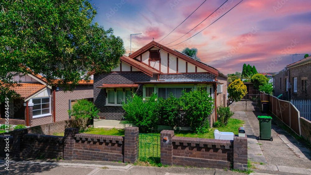 Drone Aerial View of an inner western Sydney Suburban residential Brick house in Sydney NSW Australia Drone Aerial View of an inner western Sydney Suburban residential Brick house in Sydney NSW Australia