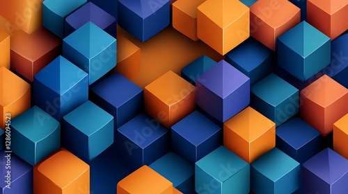 Abstract 3D Render: Interlocking Cubes in Vibrant Blues and Oranges AI Generated