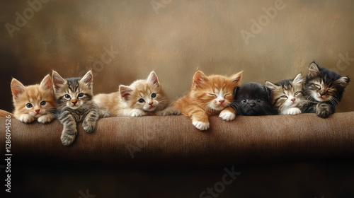 Adorable kittens rest in a row, showcasing their fluffy coats and curious expressions. photo