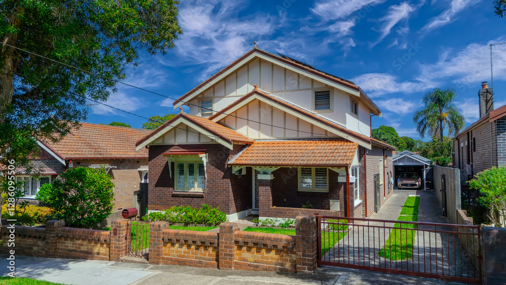 Obraz premium Drone View of an inner western Sydney Suburban residential Brick house in Sydney NSW Australia