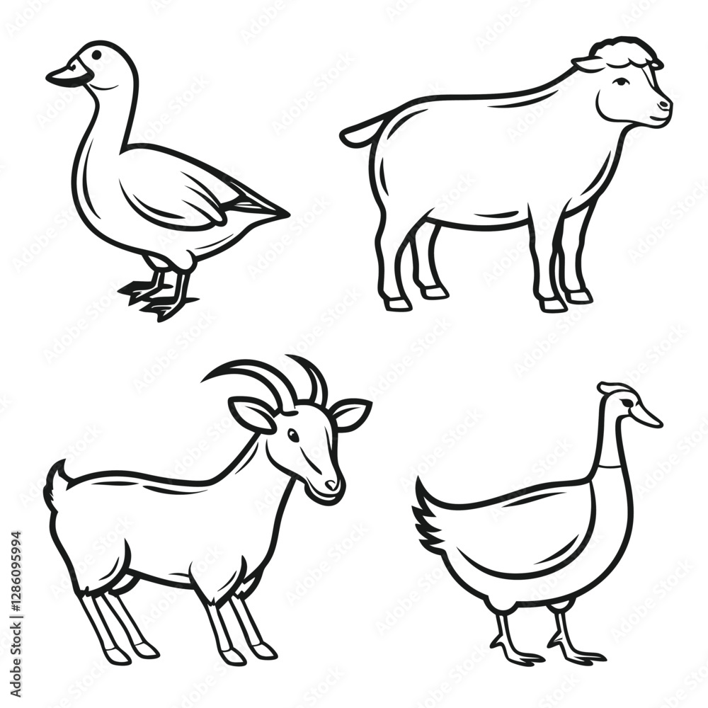 Fototapeta premium Farm Animal Outline Illustrations Set