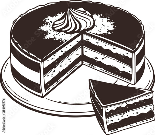 Chocolate cake icon in vector design, featuring a layered cake with whipped cream topping, perfect for cake and dessert-themed illustrations