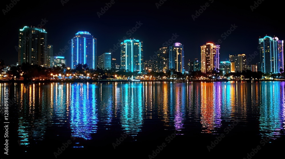 Naklejka premium Night City Skyline Reflected In Calm Water