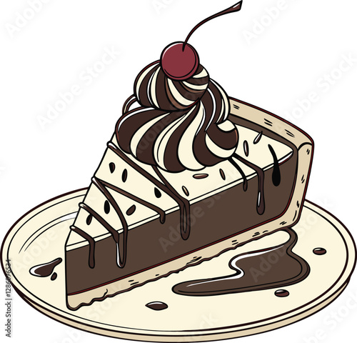Chocolate cake slice icon in vector design, featuring a dessert with whipped cream and cherry topping, perfect for cake and pastry