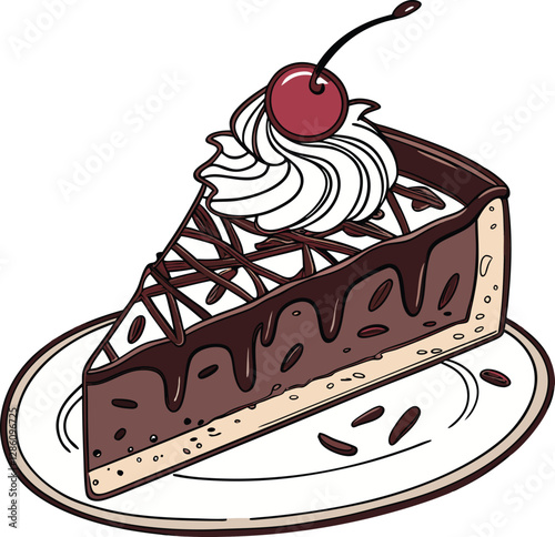 Chocolate cake slice icon in vector design, featuring a dessert with whipped cream and cherry topping, perfect for cake and pastry