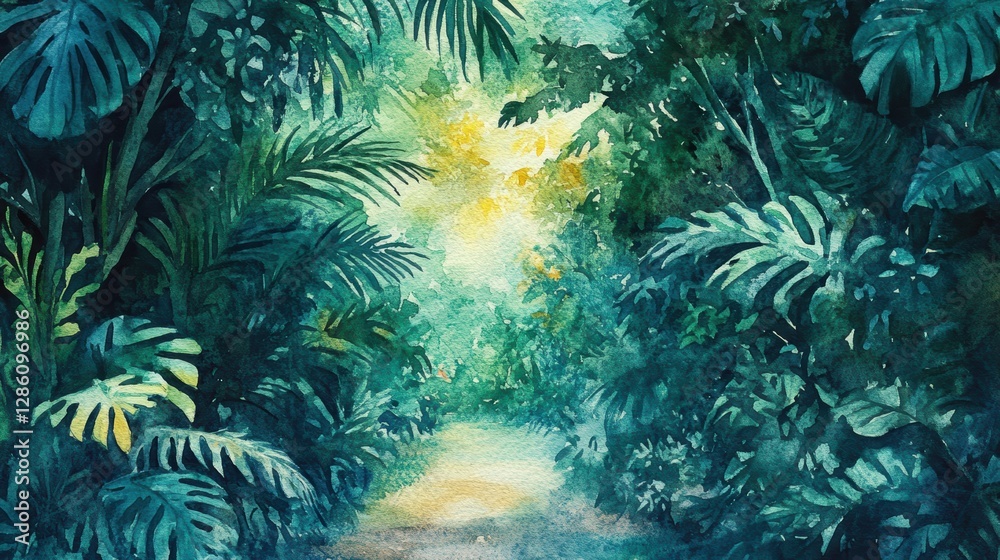 Obraz premium Lush Jungle Canopy: Explore the untamed beauty of a vibrant jungle canopy, where light filters through the dense foliage to create an enchanting and mysterious atmosphere.