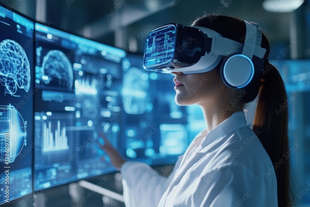 Engaging with virtual realities in a futuristic tech lab during a late-night research session. Generative AI Engaging with virtual realities in a futuristic tech lab during a late-night research session. Generative AI