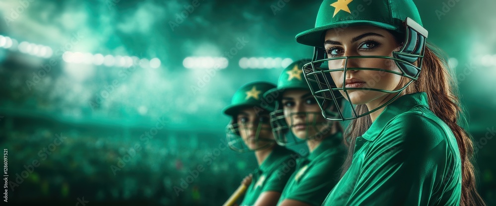 Fototapeta premium Three female cricket players in green uniforms standing in a row, exuding focus and determination before crucial match.