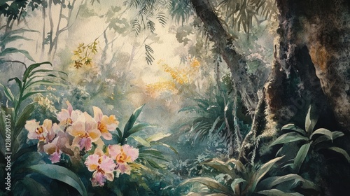 Enchanted Jungle: A lush, enchanting jungle scene with vibrant orchids and dense foliage, evoking a sense of mystery and natural beauty.