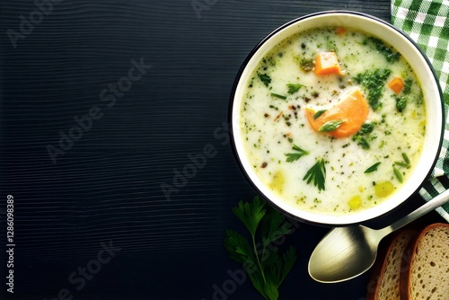 Creamy salmon soup with fresh herbs in silver bowl served with bread on dark background