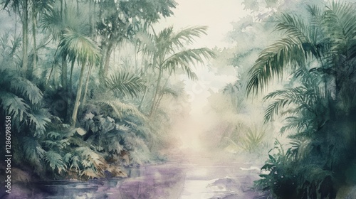 Mystical Rainforest: A serene watercolor depiction of a rainforest scene, with lush vegetation, a tranquil river, and a soft, ethereal mist that creates a sense of mystery and tranquility.
