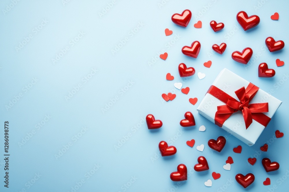Gift Box with Red Ribbon Surrounded by Colorful Heart Shapes Gift Box with Red Ribbon Surrounded by Colorful Heart Shapes