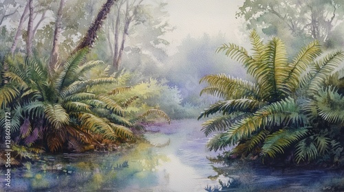 Serene Tropical Paradise: A watercolor painting captures the tranquility of a tropical landscape, showcasing lush foliage and a tranquil waterway.