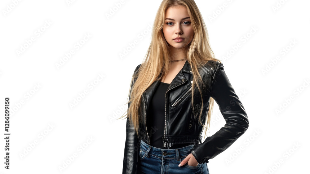 Young woman in stylish black leather jacket poses confidently against white background Young woman in stylish black leather jacket poses confidently against white background