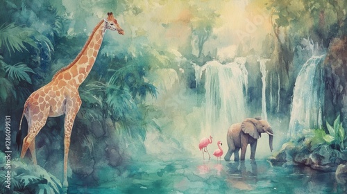 A Serene Wildlife Oasis: A majestic giraffe, an elephant, and a flock of flamingos find sanctuary near a captivating waterfall in a lush, vivid jungle setting.