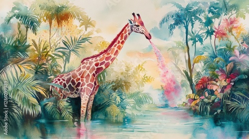Giraffe's Colorful Drink: A vibrant, artistic depiction of a giraffe drinking from a tropical stream, its water-intake creating a splash of rainbow colors, surrounded by lush, exotic foliage.