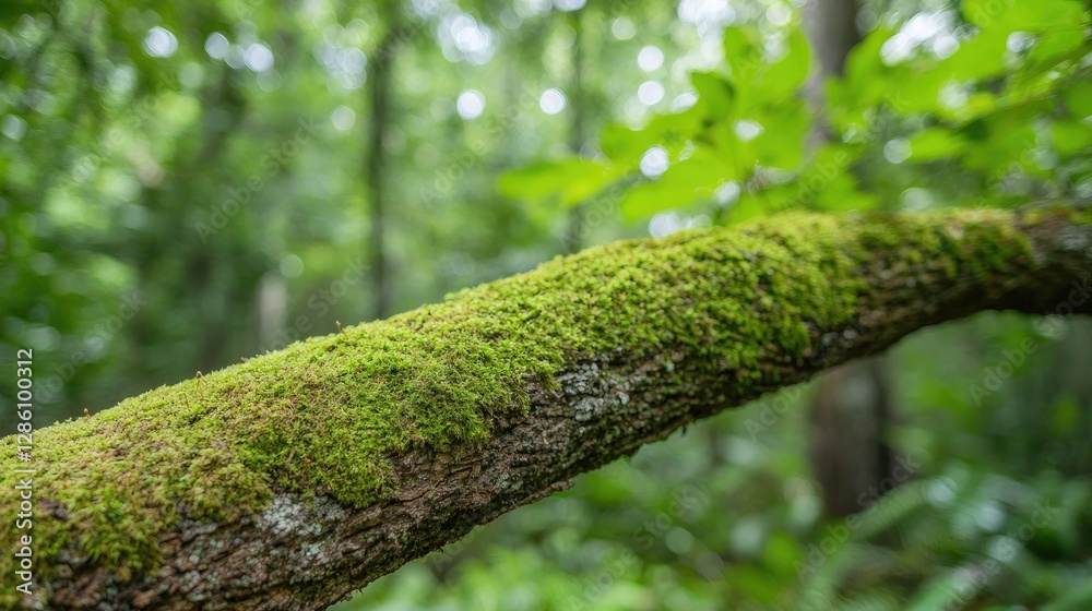 Obraz premium Moss-covered branch in a lush forest. Possible use for nature photography