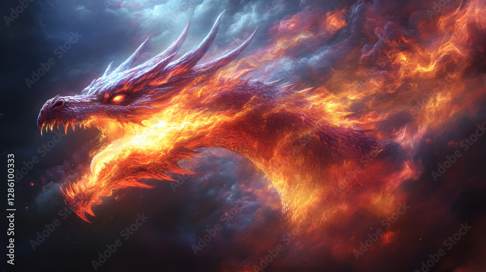 Fototapeta premium Fiery Dragon Unleashed: An awe-inspiring, mythical dragon, rendered with stunning detail, exhales flames against a dramatic, smoky backdrop, evoking power and fantasy.