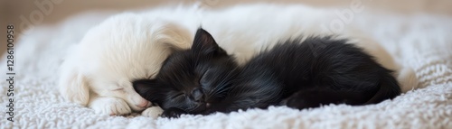 Adorable kitten and puppy sleeping together on a cozy bed blanket. photo