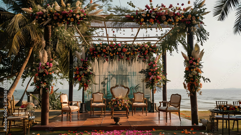 Elegant beachside wedding setup with floral decorations, chairs, and ocean backdrop at sunset Elegant beachside wedding setup with floral decorations, chairs, and ocean backdrop at sunset