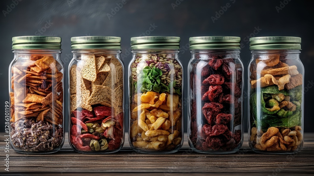 A vivid display of different snack mixtures arranged in jars, including various fruits, nuts, and other treats, ideal for healthy eating and attractive food presentation. A vivid display of different snack mixtures arranged in jars, including various fruits, nuts, and other treats, ideal for healthy eating and attractive food presentation.