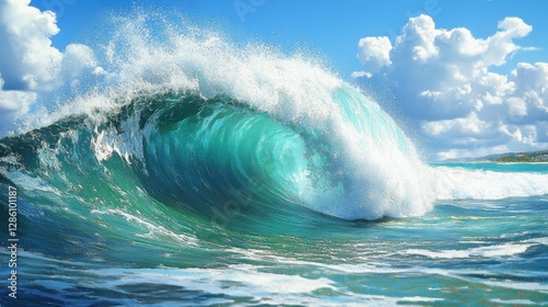 Ocean wave barrel, turquoise water, sunny sky, beach background, surfing