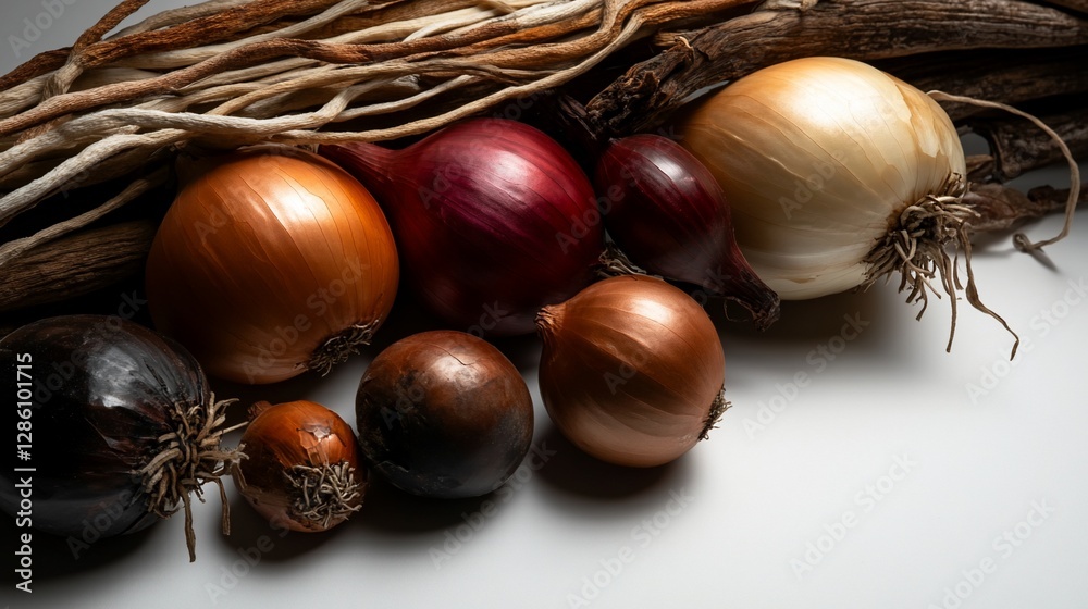 A Still Life of Colorful Onions with Dried Roots A Still Life of Colorful Onions with Dried Roots