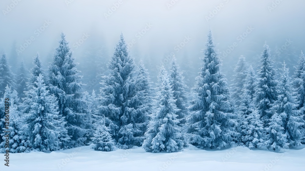 Fototapeta premium Lost in the fog, the forest whispers secrets of the cold. A breathtaking panorama