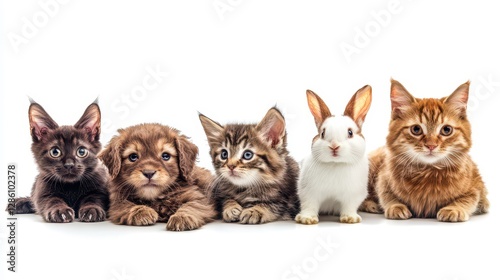 Adorable group of pets including kittens, puppies, and a rabbit sitting together.