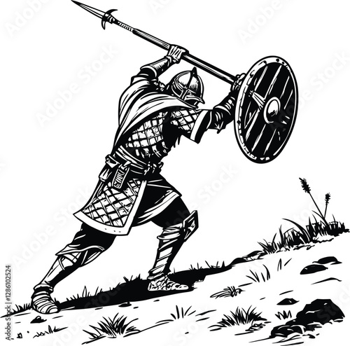 Warrior with spear and shield icon in vector design, perfect for battle, medieval, and historical-themed illustrations