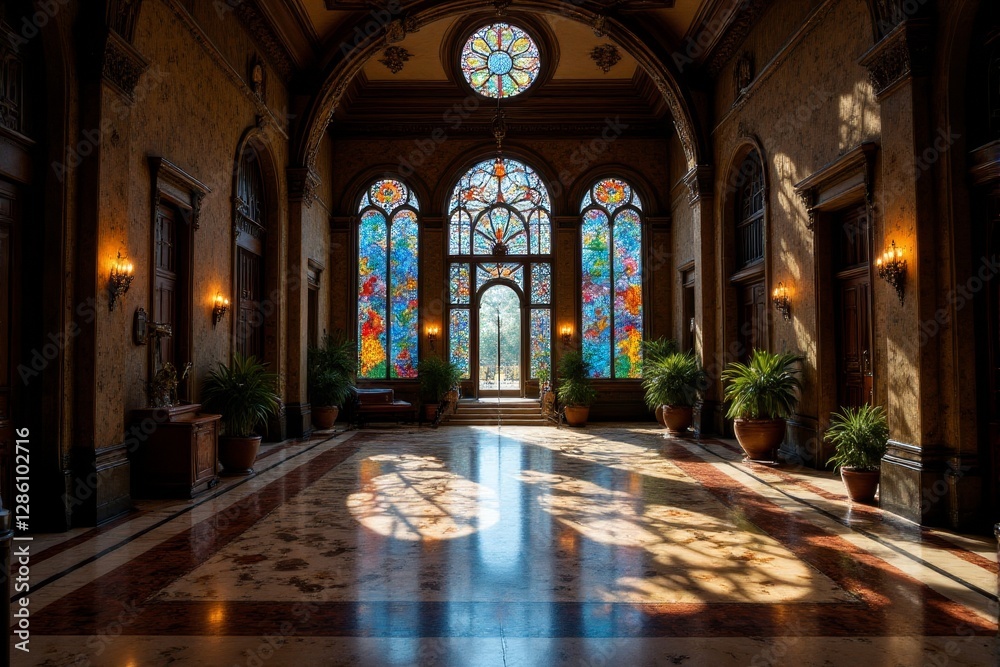 Fototapeta premium Vibrant stained glass reflections dancing on a polished marble floor grand and artistic illumination in a historic building