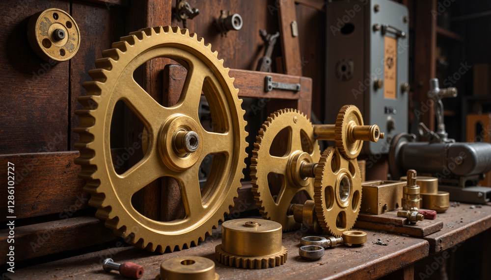 Obraz premium Golden gears arranged on a workbench in a workshop
